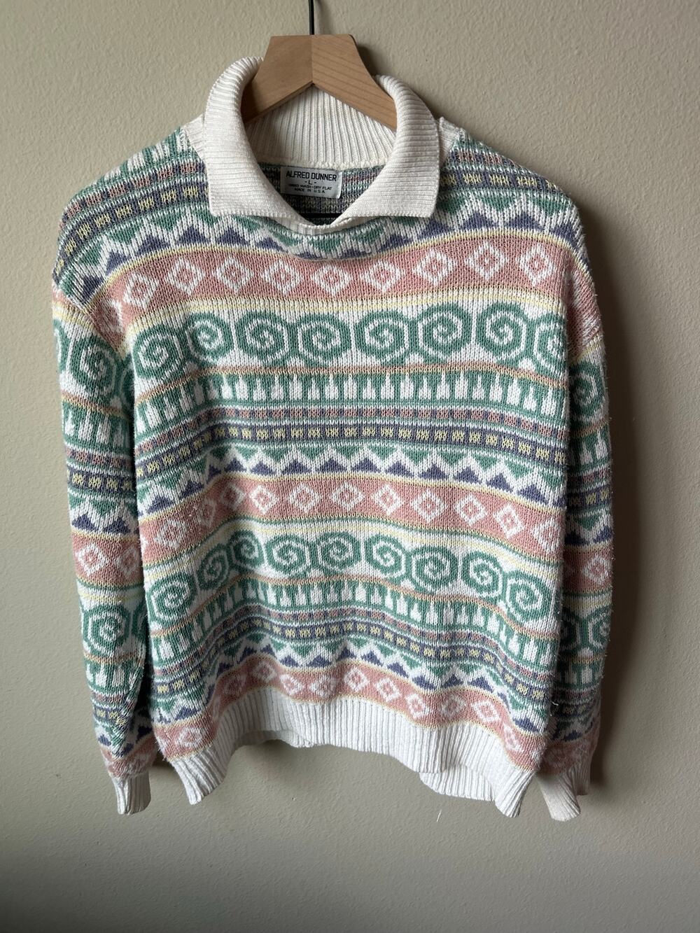 Vintage Alfred Dunner Pastel Fair Isle Knit Polo Sweater Size Large